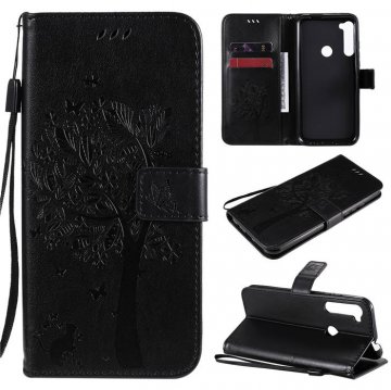 Motorola One Fusion Plus Embossed Tree Cat Butterfly Wallet Stand Case Black