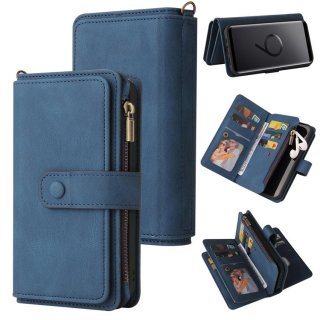 For Samsung Galaxy S9 Wallet 15 Card Slots Case with Wrist Strap Blue