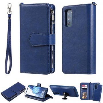 Samsung Galaxy S20 FE Zipper Wallet Magnetic Detachable 2 in 1 Case Blue