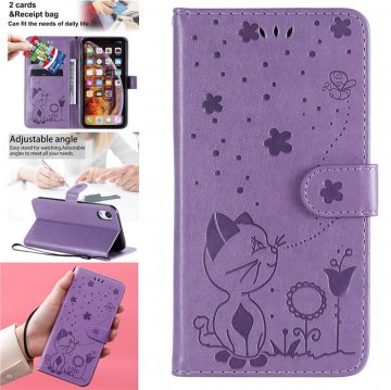 iPhone XR Embossed Cat Bee Wallet Magnetic Stand Case Purple