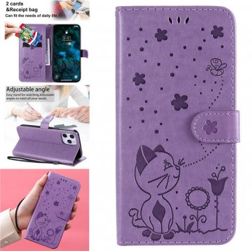iPhone 12 Pro Max Embossed Cat Bee Wallet Magnetic Stand Case Purple