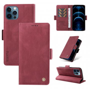 YIKATU iPhone 12/12 Pro Skin-touch Wallet Kickstand Case Wine Red