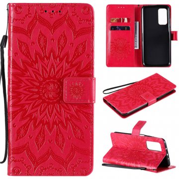 Xiaomi Mi 10T/10T Pro Embossed Sunflower Wallet Magnetic Stand Case Red