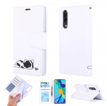 Huawei P30 Cat Pattern Wallet Magnetic Stand Case White