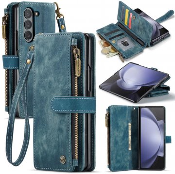 CaseMe Samsung Galaxy Z Fold5 5G Wallet Kickstand Case with Wrist Strap Blue