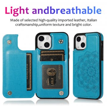 Mandala Embossed iPhone 14 Plus Case with Card Holder Blue