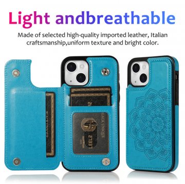 Mandala Embossed iPhone 14 Case with Card Holder Blue