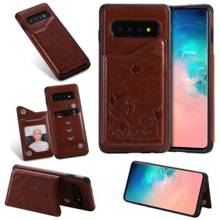 Samsung Galaxy S10 Bee and Cat Magnetic Card Slots Stand Cover Brown