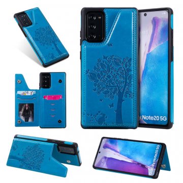 Samsung Galaxy Note 20 Embossed Tree Cat Magnetic Clasp Wallet Stand Case Blue