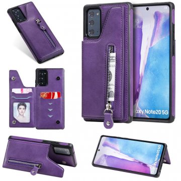 Samsung Galaxy Note 20 Ultra Zipper Pocket Card Slots Magnetic Clasp Stand Case Purple