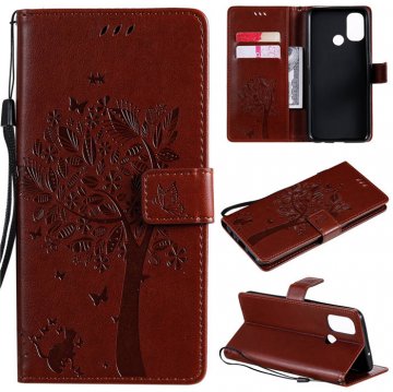 OnePlus Nord N100 Embossed Tree Cat Butterfly Wallet Stand Case Brown