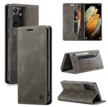 Autspace Samsung Galaxy S21 Ultra Wallet Kickstand Magnetic Shockproof Case Coffee