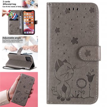 iPhone 11 Pro Embossed Cat Bee Wallet Magnetic Stand Case Gray