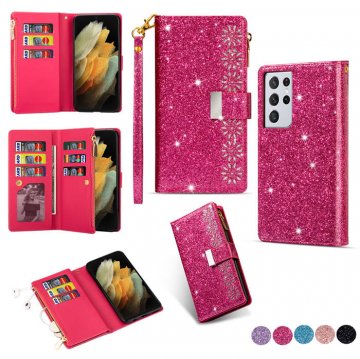 Samsung Galaxy S21/S21 Plus/S21 Ultra Wallet Glitter Bling Leather Case Rose
