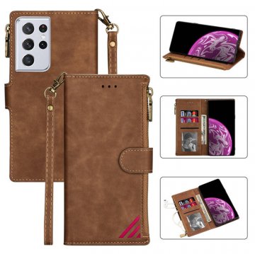 Samsung Galaxy S21/S21 Plus/S21 Ultra Zipper Wallet Magnetic Stitching Leather Case Brown