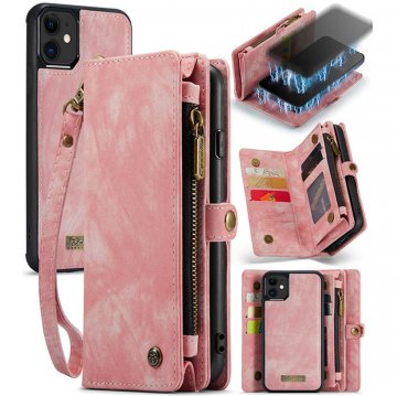 CaseMe iPhone 11 Zipper Wallet Case with Wrist Strap Pink