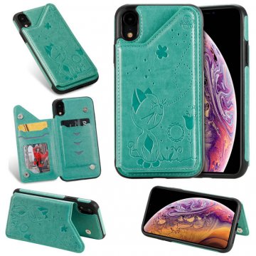 iPhone XR Bee and Cat Embossing Magnetic Card Slots Stand Cover Green