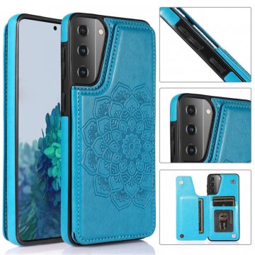 Mandala Embossed Samsung Galaxy S21 Plus Case with Card Holder Blue