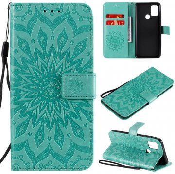 Samsung Galaxy A21S Embossed Sunflower Wallet Stand Case Green