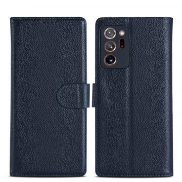 Genuine Leather Samsung Galaxy Note 20 Litchi Texture Wallet Stand Case Blue