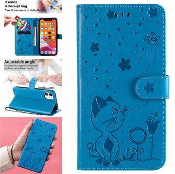 iPhone 11 Embossed Cat Bee Wallet Magnetic Stand Case Blue
