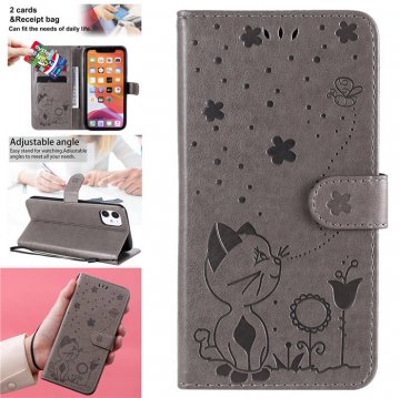 iPhone 11 Embossed Cat Bee Wallet Magnetic Stand Case Gray