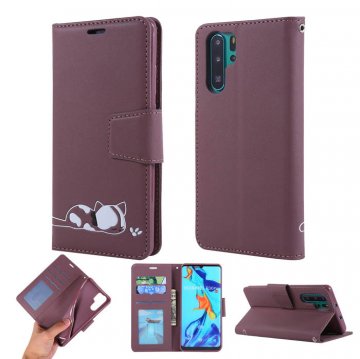 Huawei P30 Pro Cat Pattern Wallet Magnetic Stand Case Brown