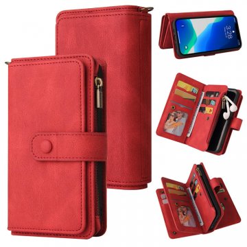 iPhone 13 Pro Max Wallet 15 Card Slots Case with Wrist Strap Red