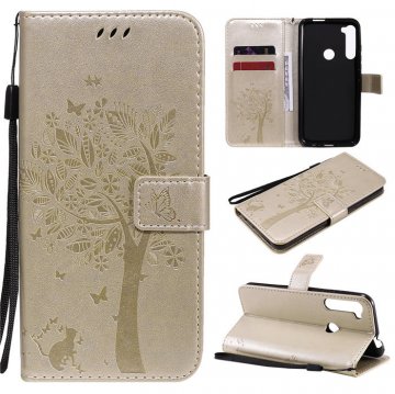 Motorola One Fusion Plus Embossed Tree Cat Butterfly Wallet Stand Case Gold