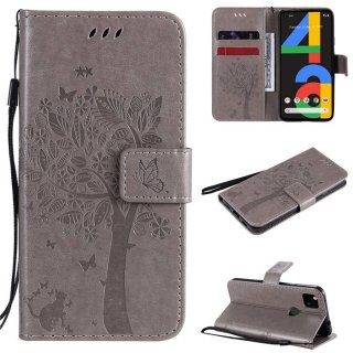 Google Pixel 4A 4G Embossed Tree Cat Butterfly Wallet Stand Case Gray