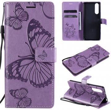 Sony Xperia 5 II Embossed Butterfly Wallet Magnetic Stand Case Purple