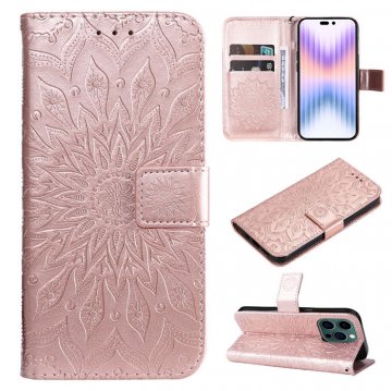 Embossed Sunflower iPhone 14 Pro Wallet Magnetic Case Rose Gold