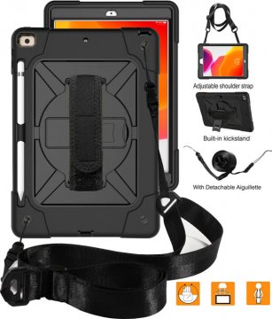 iPad 10.2 inch 2019 Kickstand Hand Strap and Detachable Shoulder Strap Shockproof Cover Black + Black