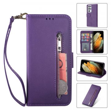 Samsung Galaxy S21/S21 Plus/S21 Ultra Zipper Pocket Wallet Magnetic Case Purple
