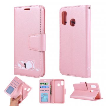 Samsung Galaxy A20e Cat Pattern Wallet Magnetic Stand Case Pink