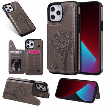 iPhone 12 Pro Max Embossed Tree Cat Magnetic Clasp Wallet Stand Case Gray