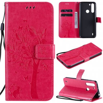Motorola One Fusion Embossed Tree Cat Butterfly Wallet Stand Case Rose