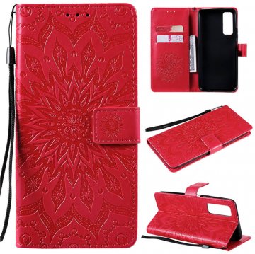 Huawei P Smart 2021 Embossed Sunflower Wallet Magnetic Stand Case Red