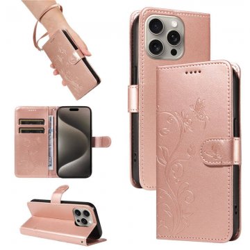 Embossed Flower Butterfly Wallet Magnetic Stand Phone Case Rose Gold