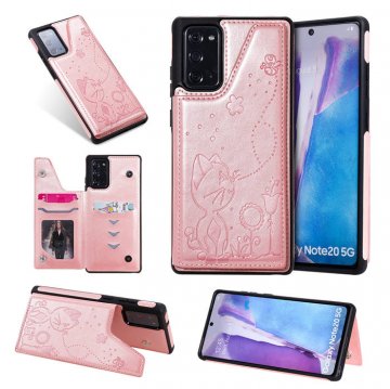 Samsung Galaxy Note 20 Luxury Bee and Cat Magnetic Card Slots Stand Cover Rose Gold