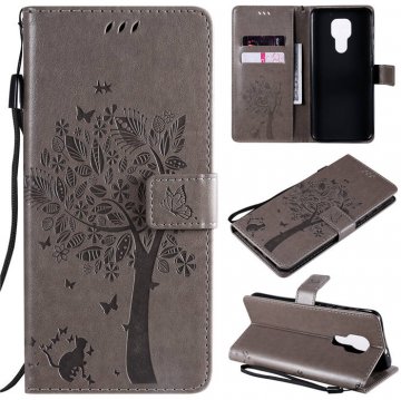 Motorola Moto G9 Play Embossed Tree Cat Butterfly Wallet Stand Case Gray