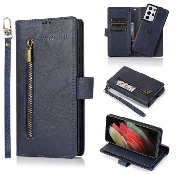 Zipper Pocket Wallet 9 Card Slots Stand For Samsung Case Blue
