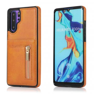 Huawei P30 Pro Zipper Wallet PU Leather Case Cover Brown