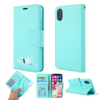 iPhone XS/X Cat Pattern Wallet Magnetic Stand PU Leather Case Mint