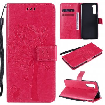 OnePlus Nord Embossed Tree Cat Butterfly Wallet Stand Case Rose