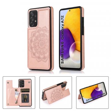Mandala Embossed Samsung Galaxy A72 Case with Card Holder Rose Gold