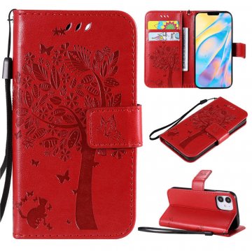 iPhone 12 Mini Embossed Tree Cat Butterfly Wallet Stand Case Red