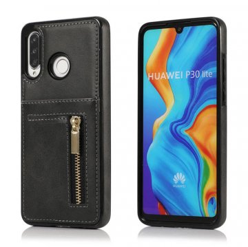 Huawei P30 Lite Zipper Wallet PU Leather Case Cover Black