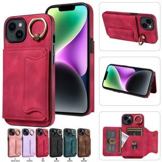 For iPhone 14 Card Holder Ring Kickstand PU Leather Case Red