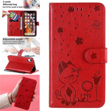 iPhone XR Embossed Cat Bee Wallet Magnetic Stand Case Red